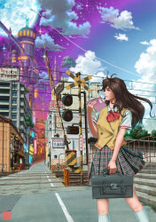 Rule 34 | 1girl, bag, book, briefcase, brown eyes, brown hair, city, cloud, contrail, day, fantasy, full moon, highres, holding, holding book, isobe yasuhisa, light smile, long hair, looking away, moon, original, perspective, plaid, plaid skirt, pleated skirt, profile, railing, railroad crossing, railroad tracks, road, scenery, school bag, school briefcase, school uniform, skirt, sky, solo, stairs, star (sky), starry sky, street, tower, train station, tree, wind