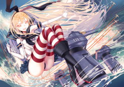 Rule 34 | 10s, 1girl, alternate eye color, armored boots, bad id, bad pixiv id, black panties, blonde hair, blue skirt, boots, elbow gloves, gloves, grey footwear, hairband, kantai collection, leung ka che, long hair, open mouth, orange eyes, panties, shimakaze (kancolle), skirt, solo, striped clothes, striped thighhighs, thighhighs, underwear, white gloves