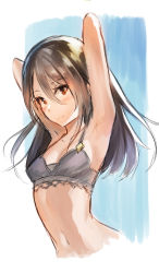 Rule 34 | 1girl, adapted costume, armpits, arms behind back, arms up, bikini, bikini top only, black bikini, black hair, blue background, blush, breasts, brown eyes, cawang, closed mouth, cropped torso, hair between eyes, hair down, highres, light frown, long hair, looking at viewer, morag ladair (obligatory leave) (xenoblade), morag ladair (xenoblade), navel, nintendo, no headwear, no headwear, small breasts, solo, stomach, straight hair, swimsuit, xenoblade chronicles (series), xenoblade chronicles 2