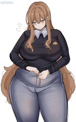 Rule 34 | 1girl, artist name, bags under eyes, black nails, blue pants, blush, breasts, brown hair, buttons, commentary, cowboy shot, earrings, english commentary, green eyes, hair between eyes, highres, huge breasts, jewelry, large breasts, long hair, long sleeves, neet girl (noiretox), noiretox, original, pants, parted lips, plump, sidelocks, simple background, solo, standing, thick thighs, thighs, very long hair, white background, wing collar