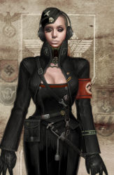 Rule 34 | 1girl, armband, badge, belt, breasts, bustier, cleavage, cross, garrison cap, gloves, hat, headphones, highres, iron cross, jacket, kcn, large breasts, leather, leather jacket, leather skirt, lingerie, lips, lipstick, looking at viewer, makeup, nazi, realistic, skull and crossbones, slit pupils, solo, swastika, tsurime, underwear