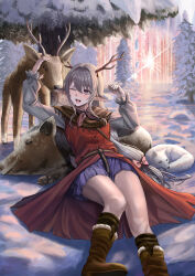 Rule 34 | absurdres, antlers, blue skirt, boar, boots, bow, brown footwear, elk, fox, grey hair, hair bow, highres, horns, long hair, long sleeves, looking at animal, lying, on back, open mouth, original, outdoors, pink bow, pointy ears, silvertsuki, skirt, smile, snow, thighs