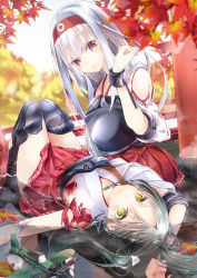 Rule 34 | 10s, 218, 2girls, aircraft, airplane, black hair, blush, hair ribbon, hairband, japanese clothes, kantai collection, leaf, long hair, looking at viewer, maple leaf, multiple girls, muneate, partially submerged, personification, purple eyes, revision, ribbon, shoukaku (kancolle), silver hair, skirt, smile, thighhighs, torn clothes, twintails, water, yellow eyes, zuikaku (kancolle)