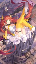 Rule 34 | 1girl, :d, absurdres, armpits, bare shoulders, boots, breasts, building, criin (659503), crystal, dress, elbow gloves, girl cafe gun, gloves, green eyes, hair ornament, highres, legs up, long hair, looking at viewer, midair, official art, open mouth, orange hair, rococo (girl cafe gun), sleeveless, sleeveless dress, small breasts, smile, solo, thigh boots, thigh strap, thighhighs, thighs, twintails, very long hair, white dress, yellow footwear, yellow thighhighs