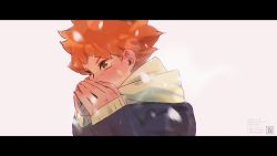 Rule 34 | 1boy, blush, brown eyes, covering own mouth, dated, haikyuu!!, hinata shouyou, hood, hoodie, letterboxed, looking away, male focus, orange hair, re it0, simple background, snowing, solo, upper body, white background, winter clothes