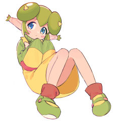Rule 34 | 1girl, blue eyes, blush stickers, copyright request, full body, green hair, highres, horns, knees together feet apart, kona ming, looking at viewer, pointy ears, simple background, sleeves past fingers, sleeves past wrists, solo, turtleneck, very long sleeves, white background