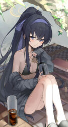 Rule 34 | 1girl, absurdres, bags under eyes, bikini, black bikini, black hair, blue archive, blue eyes, blush, breasts, grey jacket, hairband, halo, highres, jacket, jewelry, knees together feet apart, long hair, looking at viewer, necklace, o-ring, o-ring bikini, off shoulder, official alternate costume, ponytail, purple hairband, simple background, sitting, small breasts, suna6080, swimsuit, ui (blue archive), ui (swimsuit) (blue archive), yellow halo