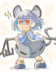 Rule 34 | 1girl, animal ears, blue capelet, capelet, chibi, clenched teeth, commentary request, dress, full body, grey dress, grey footwear, grey hair, jitome, long sleeves, mouse ears, mouse girl, mouse tail, nazrin, red eyes, ribbon-trimmed dress, shirt, short hair, solo, standing, tail, teeth, touhou, white shirt, yamasina009
