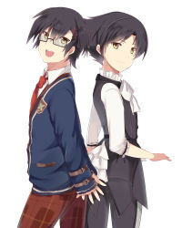 Rule 34 | 2boys, alternate hairstyle, back-to-back, bespectacled, black pants, blue coat, bow, brown eyes, butler, coat, dual persona, glasses, hair ornament, highres, jude mathis, long sleeves, male focus, medium sleeves, multiple boys, official alternate costume, open mouth, pants, plaid, plaid pants, red neckwear, red pants, rento (rukeai), shirt, smile, tales of (series), tales of xillia, tales of xillia 2, white bow, white shirt