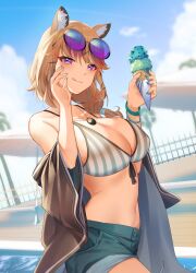 Rule 34 | 1girl, :q, absurdres, animal ear fluff, animal ears, arknights, bikini, blue shorts, blue sky, breasts, cloud, double scoop, eyewear on head, food, grey bikini, highres, holding, holding food, ice cream, ice cream cone, jewelry, large breasts, licking lips, looking at viewer, navel, necklace, official alternate costume, purple eyes, short hair, short shorts, shorts, sky, smile, solo, stomach, striped bikini, striped clothes, sunglasses, swimsuit, tinted eyewear, tongue, tongue out, utage (arknights), utage (summer flowers) (arknights), vertical-striped bikini, vertical-striped clothes, yoshimori isa