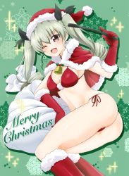 Rule 34 | 10s, 1girl, ;d, anchovy (girls und panzer), arm support, artist name, ass, bell, bikini, black ribbon, breasts, capelet, christmas, cleavage, commentary, cursive, drill hair, elbow gloves, english text, girls und panzer, gloves, green background, green hair, hair ribbon, hat, highres, holding, holding riding crop, jingle bell, long hair, looking at viewer, lying, medium breasts, merry christmas, navel, on side, one eye closed, open mouth, parda siko, red bikini, red capelet, red eyes, red gloves, red hat, ribbon, riding crop, sack, santa costume, santa hat, side-tie bikini bottom, signature, skindentation, smile, snowflake background, solo, sparkle, swimsuit, thong bikini, twin drills, twintails, v-shaped eyebrows