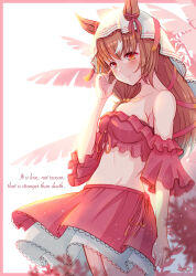 Rule 34 | 1girl, alternate costume, animal ears, blush, breasts, brown hair, cleavage, closed mouth, collarbone, english text, hair between eyes, hair ornament, highres, horse ears, horse girl, looking at viewer, off-shoulder shirt, off shoulder, palm tree, red eyes, sakana kei, shirt, simple background, smile, solo, still in love (umamusume), swimsuit, tree, umamusume, veil
