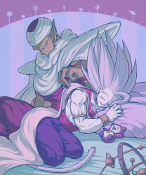 Rule 34 | 2boys, armillary sphere, armlet, baggy pants, biceps, black nails, blurry, blurry background, blush, bracelet, cape, closed eyes, closed mouth, colored skin, commentary request, dougi, dragon ball, dragon ball super, dragon ball super super hero, earrings, fingernails, gohan beast, green skin, grey hair, hand up, highres, jewelry, koukyouji, long fingernails, looking at another, lying, male focus, multiple boys, muscular, muscular male, namekian, neck ring, on side, open mouth, pants, piccolo, pillow, planet, pointy ears, purple background, purple pants, red sash, sash, shoulder pads, simple background, sitting, sleeping, smile, smirk, son gohan, spiked hair, star (symbol), striped, striped background, stuffed animal, stuffed toy, turban, under covers, usekh collar, white cape