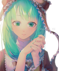 Rule 34 | 1girl, ao tamari, artist name, bow, brown dress, closed mouth, collared dress, dress, fingernails, frills, green eyes, green hair, green nails, hair bow, hands up, highres, kagiyama hina, light, looking at viewer, medium hair, nail polish, own hands together, puffy short sleeves, puffy sleeves, red bow, short sleeves, simple background, solo, touhou, upper body, watermark, white background