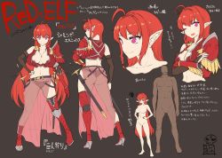 Rule 34 | 1boy, 1girl, ass, breasts, butt crack, character sheet, concept art, elf, erect sawaru, large breasts, multiple views, panties, pointy ears, red hair, smile, sword, translation request, underwear, weapon