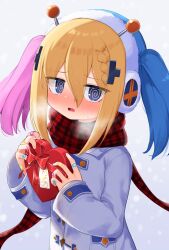 Rule 34 | 1girl, @ @, absurdres, bandaid, bandaid on hand, blonde hair, blue eyes, blue hair, blush, box, box of chocolates, braid, breath, coat, earmuffs, french braid, hair between eyes, heart-shaped box, highres, long sleeves, looking at viewer, mahjong fight girl, multicolored hair, nose blush, open mouth, paid reward available, pink hair, plaid, plaid scarf, red scarf, scarf, solo, sweat, toy-toy, valentine, waon (43ctw), white coat