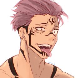 Rule 34 | 1boy, artist name, crazy eyes, crazy smile, extra eyes, facial tattoo, forehead tattoo, highres, implied yaoi, jujutsu kaisen, kenkaru86, looking to the side, male focus, neck tattoo, nude, pink hair, red eyes, ryoumen sukuna (jujutsu kaisen), short hair, smile, tattoo, teeth, tongue, tongue out, undercut