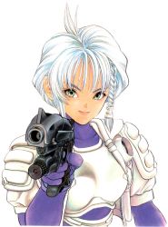 Rule 34 | 1990s (style), ahoge, aiming, aiming at viewer, aoi karin, bodysuit, braid, covered collarbone, dna^2, green eyes, gun, katsura masakazu, looking at viewer, retro artstyle, short hair, side braid, simple background, smile, solo, weapon, white hair