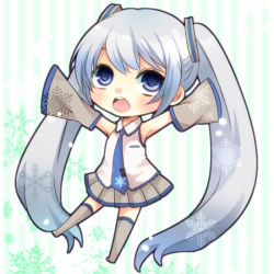 Rule 34 | 1girl, :o, arms up, blue eyes, blue hair, blush, boots, chibi, detached sleeves, hair ornament, hatsune miku, izumi chiro, long sleeves, looking up, multicolored hair, necktie, open mouth, pleated skirt, shirt, skirt, sleeveless, sleeveless shirt, sleeves past wrists, snowflake print, solo, thigh boots, two-tone hair, vocaloid, yuki miku, yuki miku (2010)