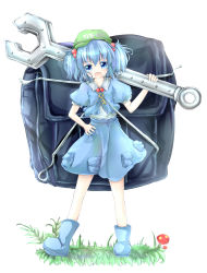 Rule 34 | 1girl, absurdres, backpack, bag, blue eyes, blue hair, boots, full body, grass, hair bobbles, hair ornament, hand on own hip, hat, highres, kawashiro nitori, key, looking at viewer, matching hair/eyes, mushroom, nano (mianhua maoqiu), open mouth, oversized object, puffy short sleeves, puffy sleeves, rubber boots, short hair, short sleeves, simple background, skirt, skirt set, solo, touhou, twintails, two side up, white background, wrench