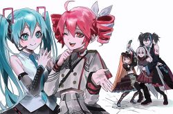 Rule 34 | 1boy, 4girls, ahoge, arm up, black footwear, black sailor collar, black skirt, blue eyes, blue hair, boots, brown jacket, chain, closed mouth, collared shirt, commentary, crack, cracked floor, detached sleeves, drill hair, hatsune miku, hatsune miku (vocaloid4), headphones, headset, heterochromia, highres, holding, holding back, jacket, kasane teto, kasane teto (sv), long hair, long sleeves, multiple girls, namine ritsu, orange hair, pink eyes, pink hair, pleated skirt, red eyes, sailor collar, santa65, shaded face, shirt, simple background, skirt, smile, sukone tei, sweat, synthesizer v, thigh boots, twin drills, twintails, utau, v4x, very long hair, vocaloid, white background, white hair, white shirt, yokune ruko
