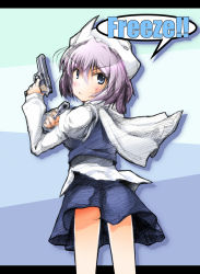 Rule 34 | 1girl, aiming, aiming at viewer, bad id, bad pixiv id, dual wielding, english text, female focus, gun, highres, holding, letterboxed, letty whiterock, shimanaka arihito, solo, touhou, weapon