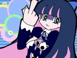 Rule 34 | animal ears, artist request, blue background, blue dress, blue hair, blunt bangs, bow, cat ears, colored inner hair, doll, dress, goth fashion, hair bow, hand up, holding, holding doll, honekoneko (psg), long hair, long sleeves, looking at viewer, middle finger, multicolored hair, panty &amp; stocking with garterbelt, solo, stocking (psg)