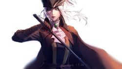 Rule 34 | 1girl, ascot, asrikins, bloodborne, cape, coat, ascot, gem, gloves, green eyes, hand up, hat, hat feather, highres, holding, holding sword, holding weapon, lady maria of the astral clocktower, long hair, looking at viewer, ponytail, rakuyo (bloodborne), simple background, solo, sword, the old hunters, tricorne, weapon, white background, white hair
