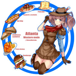 1girl, absurdres, alternate costume, asymmetrical sleeves, atlanta (kancolle), blue shirt, brown gloves, brown hair, brown headwear, brown skirt, brown vest, burger, cowboy, cowboy hat, earrings, fire maxs, food, gloves, grey eyes, hat, highres, hot dog, jewelry, kantai collection, long hair, long sleeves, meatball, mismatched gloves, pancake, partially fingerless gloves, pasta, plate, sandwich, shirt, short sleeves, skirt, solo, spaghetti, spaghetti and meatballs, star (symbol), star earrings, striped, striped shirt, two side up, vest, western