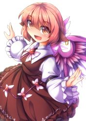 Rule 34 | 1girl, animal ears, bad id, bad pixiv id, bird wings, brown dress, dress, fang, fun bo, juliet sleeves, long sleeves, looking at viewer, mystia lorelei, open mouth, outstretched arms, puffy sleeves, red eyes, red hair, shirt, smile, solo, touhou, wings