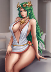 Rule 34 | 1girl, bed, breasts, dress, flowerxl, green eyes, green hair, jewelry, kid icarus, kid icarus uprising, large breasts, laurel crown, long hair, nintendo, on bed, palutena, sitting, solo, thick thighs, thighs, white dress
