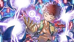 Rule 34 | 1boy, akamine naoki, artist logo, artist name, atlurkabuterimon, atlurkabuterimon (red), backpack, bag, brown hair, closed eyes, digimon, digimon adventure, electricity, extra arms, gloves, highres, insect wings, male focus, orange shirt, shirt, short hair, spiked hair, wings, yellow gloves
