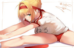 Rule 34 | 10s, 1girl, ahoge, artist name, blonde hair, braid, breast rest, breasts, buruma, closed mouth, fate/extra, fate/grand order, fate (series), gluteal fold, green eyes, gym uniform, hair between eyes, hair bun, hair intakes, headband, isshiki (ffmania7), large breasts, looking at viewer, nero claudius (fate), nero claudius (fate) (all), nero claudius (fate/extra), nero claudius (olympian bloomers) (fate), official alternate costume, short hair, simple background, single hair bun, smile, solo, spread legs, stretching, twitter username