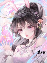 Rule 34 | 1girl, animal ears, arm up, artist request, bare shoulders, breasts, brown hair, douluo dalu, dress, dust, flower, hair ornament, highres, long hair, looking at viewer, medium breasts, pink dress, pink eyes, pink flower, ponytail, rabbit, rabbit ears, second-party source, upper body, xiao wu (douluo dalu)