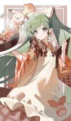 Rule 34 | 1girl, absurdres, apron, border, bow, bowl, brown bow, chef hat, commentary, earrings, food, fork hair ornament, green eyes, green hair, green pepper, hair ornament, hairclip, hardboiled egg, hat, hatsune miku, highres, holding, holding menu, holding plate, japanese clothes, jewelry, jiu ye sang, kimono, long hair, menu, plate, red background, simple background, soup ladle, spoon hair ornament, star-shaped food, star (symbol), star earrings, vocaloid, white apron, white background, yuki miku, yuki miku (2024)