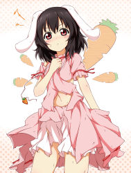 Rule 34 | 1girl, absurdres, animal ears, arm at side, black hair, blush, boroe, rabbit ears, carrot, carrot necklace, closed mouth, cowboy shot, dress, floppy ears, food, frilled sleeves, frills, highres, inaba tewi, jewelry, unworn jewelry, karamoneeze, necklace, unworn necklace, pink dress, puffy short sleeves, puffy sleeves, red eyes, short hair, short sleeves, solo, standing, thighs, torn clothes, torn dress, touhou, vegetable