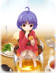 Rule 34 | 1girl, ahoge, barefoot, blue hair, blunt bangs, butter, cup, dirty, drinking glass, food, food on face, fork, frilled kimono, frills, fukaiton, full body, highres, japanese clothes, jar, kimono, knife, licking, licking finger, long sleeves, looking at viewer, messy, mini person, minigirl, needle, obi, pancake, plate, red eyes, red kimono, sash, short hair, solo, sparkle, sukuna shinmyoumaru, syrup, teacup, touhou