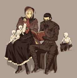 Rule 34 | 1boy, 1girl, arizuka (catacombe), belt, black dress, black hair, blonde hair, bloodborne, bonnet, book, boots, brown belt, brown coat, brown footwear, brown headwear, brown pants, buttons, character request, clenched hand, clenched hands, closed eyes, coat, commentary request, creature, cross-laced footwear, doll joints, dress, gem, grey background, hand up, happy, hat, unworn hat, unworn headwear, highres, holding, hunter (bloodborne), invisible chair, joints, knee boots, long sleeves, looking down, open book, pants, plain doll, reading, short hair, simple background, sitting, teeth, tricorne