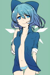 Rule 34 | 1girl, :q, blue eyes, blue hair, blue panties, bow, cirno, collarbone, hair bow, highres, ice, ice wings, matching hair/eyes, navel, negiko, no bra, open clothes, open shirt, panties, shirt, short hair, simple background, solo, tongue, tongue out, touhou, underwear, wings