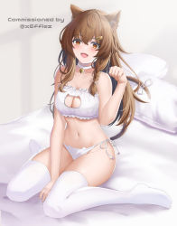 Rule 34 | 1girl, animal ears, arikawa rui, bare arms, bare shoulders, bed, bell, between legs, blush, bra, breasts, brown eyes, brown hair, cat cutout, cat ear panties, cat ears, cat girl, cat lingerie, cat tail, choker, cleavage, cleavage cutout, clothing cutout, commission, female focus, frilled bra, frills, hair ornament, hairclip, hand up, highres, jingle bell, lingerie, long hair, looking at viewer, medium breasts, meme attire, navel, neck bell, no shoes, on bed, original, panties, paw pose, pillow, side-tie panties, sitting, solo, stomach, string panties, tail, thighhighs, thighs, twitter username, underwear, underwear only, wariza, white bra, white choker, white panties, white thighhighs