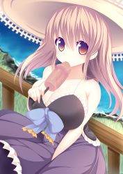 Rule 34 | 1girl, bare shoulders, blonde hair, blush, breasts, dress, food, hat, highres, large breasts, long hair, looking at viewer, open mouth, original, penis, phallic symbol, popsicle, smile, solo, sukage, sun hat, veins, veiny penis, water