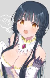 Rule 34 | 1girl, :d, annzuwann, bare shoulders, black hair, blush, breasts, cleavage, commentary request, feathers, harpy, highres, idolmaster, idolmaster million live!, idolmaster million live! theater days, kitakami reika, large breasts, long hair, looking at viewer, low twintails, monster girl, monsterification, open mouth, smile, solo, thought bubble, twintails, white feathers, white wings, winged arms, wings, yellow eyes