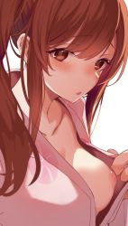 Rule 34 | 1girl, blush, breasts, brown eyes, brown hair, collarbone, highres, idolmaster, idolmaster shiny colors, inverted nipples, japanese clothes, kimono, long hair, long sleeves, looking at viewer, medium breasts, nipples, nyromide, one breast out, open clothes, open kimono, open mouth, osaki amana, pink kimono, side ponytail, simple background, solo, swept bangs, white background, yukata