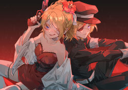 Rule 34 | 1boy, 1girl, :q, absurdres, bandage over one eye, blonde hair, blue eyes, breasts, cleavage, colored eyelashes, commentary, expressionless, eyepatch, frown, gradient background, gun, hair bun, hat, highres, holding, holding gun, holding weapon, japanese clothes, kagamine len, kagamine rin, karakuri burst (vocaloid), looking at viewer, medium breasts, military uniform, momoju163, nail polish, peaked cap, red nails, scar, scar on face, short hair, single hair bun, thighhighs, tongue, tongue out, uniform, vocaloid, weapon