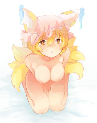 Rule 34 | 1girl, animal hat, bad id, bad pixiv id, between legs, blonde hair, blush, breasts, female focus, gradient background, hair between eyes, hand between legs, hat, hat with ears, large breasts, leaning forward, looking at viewer, mob cap, multiple tails, nipples, nude, open mouth, mob cap, seiza, short hair, sitting, solo, surumeri (baneiro), tail, thighhighs, touhou, yakumo ran, yellow eyes