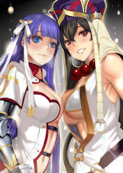 Rule 34 | 2girls, bare shoulders, beads, bikini, bikini top only, black hair, blue eyes, blush, breast press, breasts, breath, cleavage, deras, earrings, fate/grand order, fate (series), gloves, grin, hair ornament, hat, hoop earrings, jewelry, large breasts, long hair, looking at viewer, multiple girls, navel, prayer beads, purple hair, red eyes, martha (fate), smile, swimsuit, symmetrical docking, upper body, xuangzang sanzang (fate)