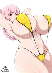 Rule 34 | 1girl, areola slip, armpits, arms behind head, braid, breasts, covered erect nipples, curvy, fate/grand order, fate (series), florence nightingale (chaldea lifesavers) (fate), florence nightingale (fate), huge breasts, jabara tornado, large breasts, long hair, looking at viewer, navel, pink hair, red eyes, shiny skin, simple background, slingshot swimsuit, solo, sweater, swimsuit, white background, wide hips, yellow sweater
