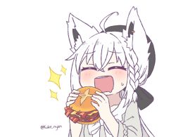 Rule 34 | 1girl, :d, ahoge, animal ears, black hat, blush, braid, burger, closed eyes, drooling, earrings, facing viewer, food, fox ears, hands up, hat, holding, holding food, hololive, jewelry, kukie-nyan, long hair, mouth drool, open mouth, shirakami fubuki, shirakami fubuki (street), side braid, simple background, smile, solo, sparkle, twitter username, upper body, virtual youtuber, white background, white hair