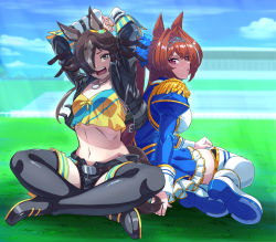 Rule 34 | 2girls, :o, animal ears, arms up, belt, black jacket, black shorts, black thighhighs, blue dress, boots, brown eyes, brown hair, crop top, cropped jacket, crown, daiwa scarlet (umamusume), dokozo no shirou, dress, full body, hair over one eye, highres, horse ears, horse girl, horse tail, horseshoe, indian style, jacket, jewelry, long hair, long sleeves, looking at viewer, midriff, multicolored hair, multiple girls, navel, necklace, on floor, open mouth, purple eyes, shoe soles, short hair, shorts, sitting, smile, tail, teeth, thigh boots, thighhighs, twintails, two-tone hair, umamusume, vodka (umamusume), white footwear, white hair