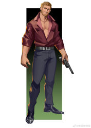 Rule 34 | 1boy, absurdres, akunaakun (kunkun586586), bara, beard, facial hair, full body, gun, highres, holding, holding gun, holding weapon, light brown hair, looking to the side, male focus, muscular, muscular male, mustache, original, partially unbuttoned, pectoral cleavage, pectorals, shirt, short hair, solo, standing, thick eyebrows, weapon